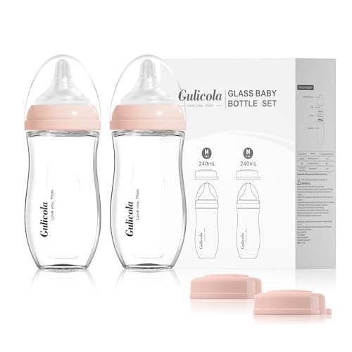Image of Gulicola Natural Glass Baby Bottle for Breastfed Babies, Anti-Colic Baby Bottle Set with Medium Flow Nipple, 3 Months +, 8 oz, 2 Pack - Pink