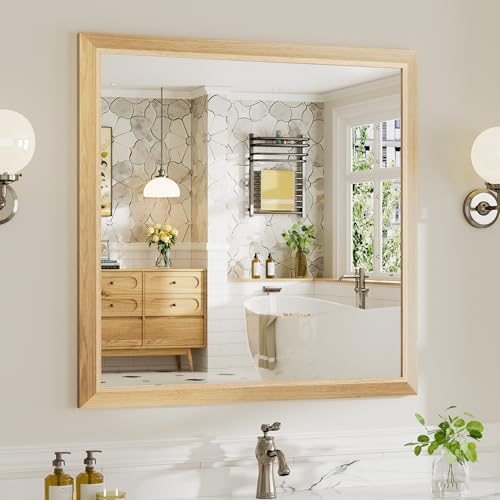 Image of 36x36 Inch Bathroom Mirror for Wall, Anti-Rust Oak Wood Grain Metal Framed Bathroom Mirrors for Over Sink,Rectangler Mirrors for Bathroom Vanity, Farmhouse, Bedroom, Living Room, Entryway Decor
