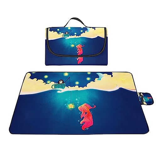 Yoonqun Picknickdecke Wasserdicht 200x180cm,Groß Outdoor Faltbare Picnic Blanket mit Tragegriff,Picnic Decke Waschbar für Camping,Picknick,Wandern,BBQ,Reisen Campingdecke,Kleines Mädchen beim Fischen