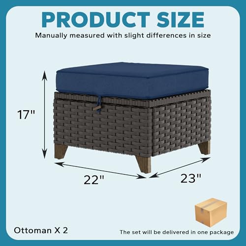Image of 2 Pieces Patio Outdoor Ottomans with Removable and Washable Covers，PE Rattan Wicker Footstools for Porch, Garden, Sunroom (Navy Blue) | Patio Ottoman Set with Olefin Removable Cushion, All-Weather Ottoman with Deep Seat for Porch, Deck and Backyard, Blue