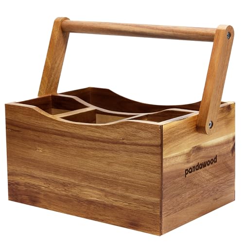 PANDAWOOD Acacia Wood Silverware Caddy - Outdoor Utensil Caddy for Parties, Camping - Cutlery Holder - Flatware Caddy - Picnic Caddy - Kitchen Wooden Utensil Holder for Countertop