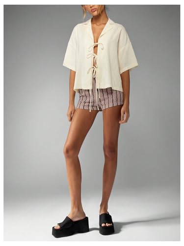Image of MakeMeChic Women's Summer Crochet Shorts Striped Knit Pajama Micro Mini Shorts Lounge Bottoms