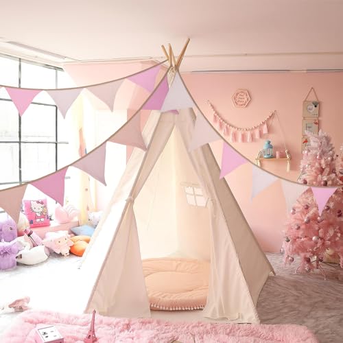 jijAcraft Wimpelkette Kinderzimmer Rosa, 1,9 m Stoff Wimpelkette aus Musselin Baumwolle, Doppelseitig Stoffgirlande für Mädchen, Girlande Kinderzimmer für Fenster, Babyzimmer, Geburtstagsfeiern