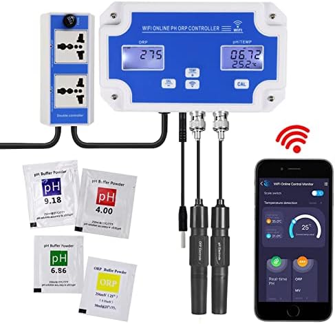 Smart pH ORP Controller Aquarium pH Monitor Wi-Fi for pH/ORP/Temp Measurements in Water w/Calibration, 3 in 1 Nutrient System Dual-Plug Fit with CO2 Bottle & O3 Generator for Hydroponics Plants