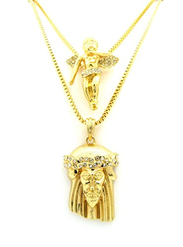 Gold Tone Micro Angel Jesus Face Pendant Box Chain 2 Necklace Set RC322G