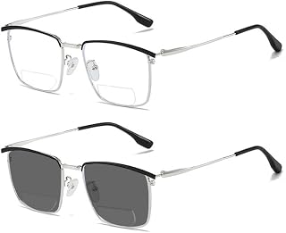 bullabulling Retro Square Transition Bifocal Reading Glasses For Men Photochromic Sunglasses Half Frame Metal Readers