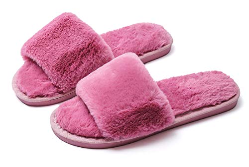 Pantoufles à Bouts Ouverts pour Femmes,Sandales à Enfiler en Peluche Douce en Fausse Fourrure Tongs Plates antidérapantes à Fourrure,38-39,Dark rosered Cover