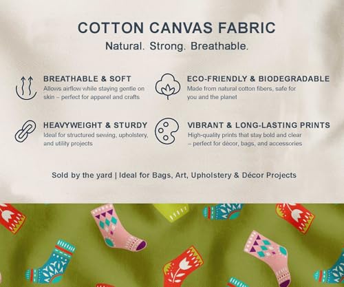 Image of Soimoi Green Cotton Canvas Fabric Socks & Gloves Folk Art Print Fabric by Meter 56 Inch Wide