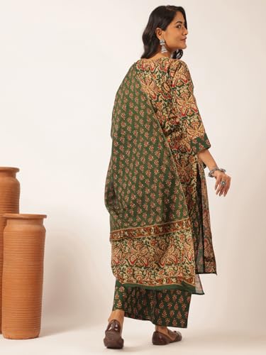 Image of Vbuyz Women's Printed & Embellished & Mirror Work Straight Cotton Stitched Kurta set | Straight Kurta Pant Dupatta | Kurta Set with Dupatta for Women | Suit Set | Ethnic Set | Printed Kurta Set
