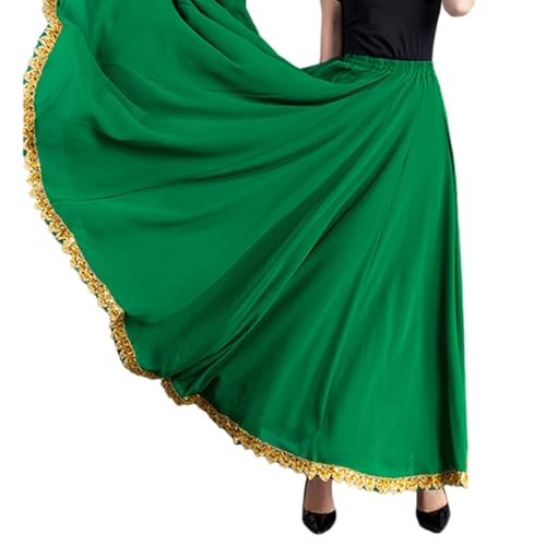Jupe longue de danse en mousseline de soie à taille élastique avec grande balançoire pour femme avec bordure en dentelle à paillettes pour danse sur scène Jupe longue, Vert Fruit, XL