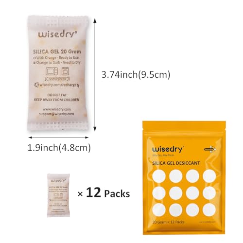 Image of wisedry 20 Gram [12 Packs] Rechargeable Silica Gel Packets Microwave Fast Reactivate in 2MINS Moisture Absorber Desiccant Packs with Orange Indicating Beads Food Grade