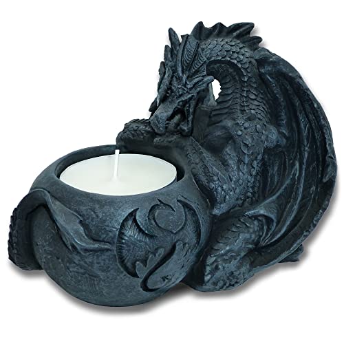 Kerzenständer Teelichhalter Gothic schwarzer Drache wacht über die Flamme, Drachenfigur in 13 cm Höhe - Deko Halloween Fantasy