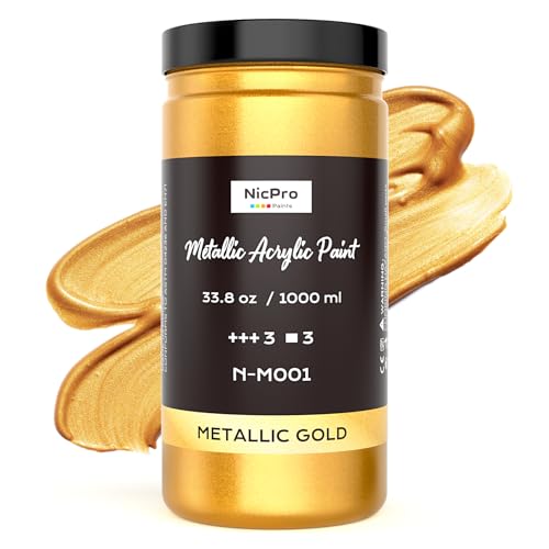 Nicpro Acrylic Paint Metallic Gold, 33.8oz/1000ml Large Gold Leaf Paint