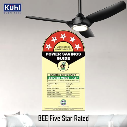 Image of KUHL Meridian M1 1200MM 65% Power Saving BLDC Ceiling Fan With Remote | BEE 5 Star Rated & ISI Marked | High Air Flow | Down Light & Reverse Mode | 5 Year Warranty on Motor | Free Installation |Black
