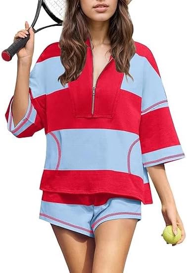 Striped Workout Set 2 PCS for Women Summer Casual Loose Zip Up Top Elastic Waist Shorts with Pocket