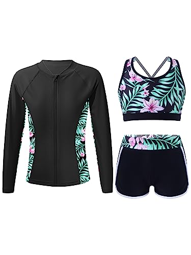3PCS Kids Girls Swimwear Long Sleeve Rashguard with Crop Top and Shorts for Beach Pool Swimming
