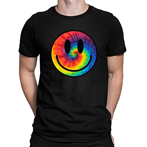Mens Tie Dye Happy Smile Face Acid Rave T-Shirt Black (M)