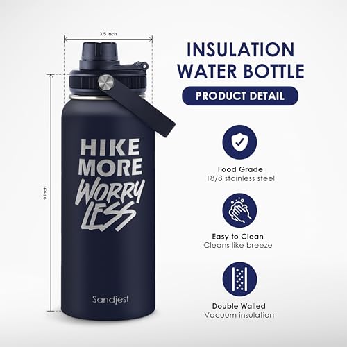 Image of SANDJEST Hiking Insulated Stainless Steel Water Bottle 32oz, Hike More Worry Less, Vacuum Chug Lid Travel Tumbler for Men Friends Dad Brothers Hikers, Gift for Birthday Christmas Fathers Day