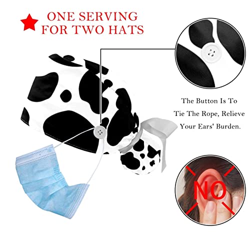 Image of 2 PCS Bouffant Cap with Button Ponytail Pouch Working Cap Sweatband Adjustable Surgical Cap Black and White Cow