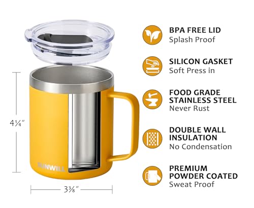 Image of SUNWILL Insulated Coffee Mug with Lid, Travel Tumbler with Handle, 14 oz Stainless Steel Cup for Camping, Office, Home, Powder Coated Yellow