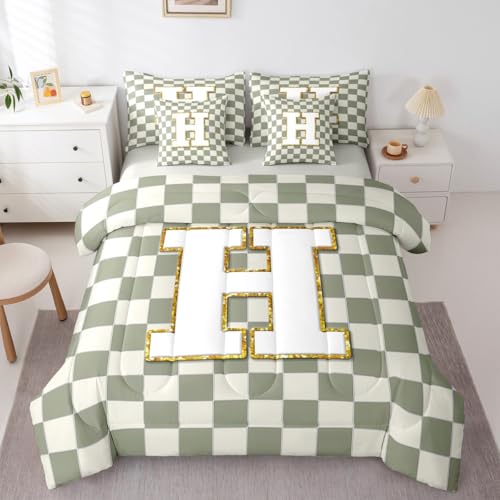 Image of Erosebridal Sage Green Checkered Queen Bed in A Bag 7 Piece Plaid Initial H Comforter Set with Sheets Personalized Monogram Bedding Sets for Kids Adults,Fashion Grids Gingham Bed Set