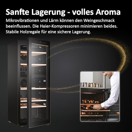 Haier Weinkühlschrank 50 SERIE 5 HWS79GDG I Weinklimaschrank für 79 Flaschen I Neue Technologie für beste Lagerung I Weinkühlschrank 2 Zonen, UV-Glastür & 5 Holzregalen I Wine Fridge vibrationsarm