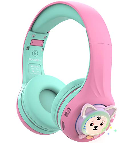 Riwbox Baosilon CB-7S Cat Kids Headphones Wireless/Wired with Mic, Light Up Bluetooth Headphones Over Ear Volume Limited Safe 75/85/95dB with TF-Card, Children Headphones for School(Pink&Green)