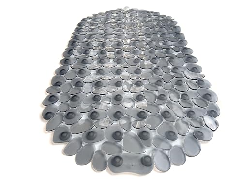 TIKE SMART “Pebbles” Non-Slip Bathtub & Shower Mat 27”x14” Oval - Non-Toxic - Safe, Clean, Machine-Washable, Superior Grip & Drainage, Vinyl, for Smooth Floors ONLY, Transparent Gray