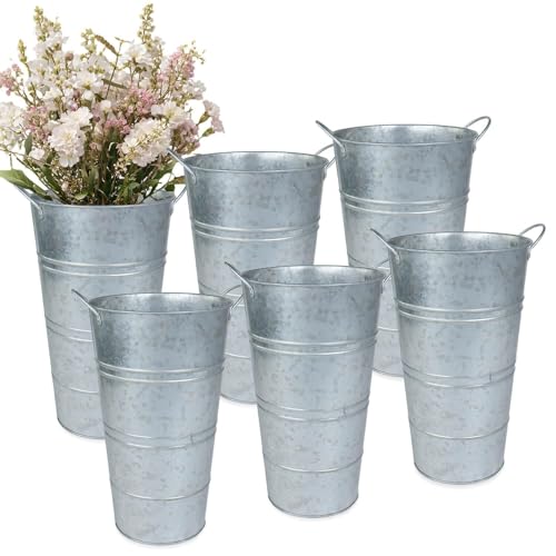 12 Inch Galvanized Metal Vases for Flowers - 6 Pcs Farmhouse Decorative Tall Flower Bucket with Handles, Rustic French Tin Planter Buckets for Wedding Decor (Silver)