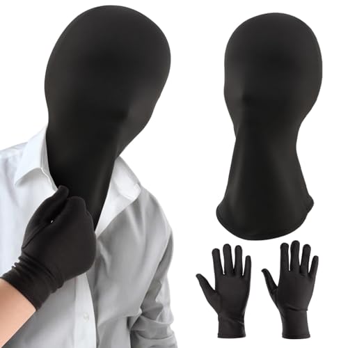 2 Pieces Full Face Mask with 1pair Gloves, Halloween Faceless Head Cloth, Cosplay Spandex Black Hood for Unisex Cloth