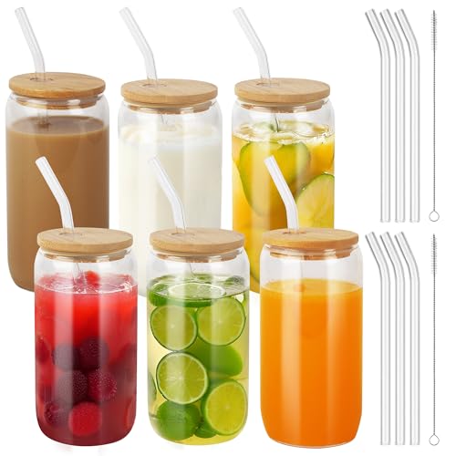 BUCOMTU 6 Piezas 500 ml Taza de Té Burbuja con Tapa y Pajita, Vasos para Beber con Tapas de Bambú y Popotes,Adecuado para Café Congelado, Cerveza, Cócteles
