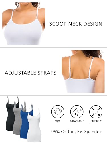 Image of Long Cotton Camisole Tank Tops for Women | Basic Braless Layering Tops with Adjustable Spaghetti Straps
