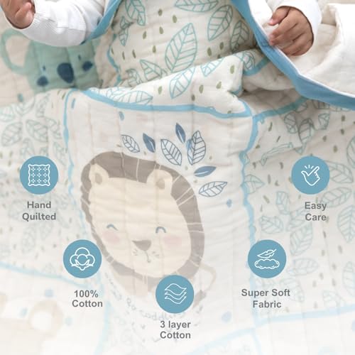 Image of TIDY SLEEP Mulmul Cotton Baby Blanket - Super Soft & Lightweight Comforter for Newborns & Toddlers (0-2 Years) - Jaipuri Razai, All-Season Use, 110x90 cm - Jungle Family Print