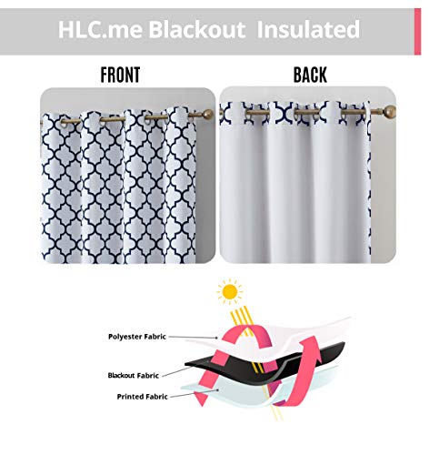 Hlc.me Lattice Print Design Blackout Thermal Curtains 63 Length - Weather Insulated - Light Blocking Blacking Window Grommet Curtain Panels For Bedroom - Platinum White & Navy Blue, 52 W X 63 L - Pair #TOP2