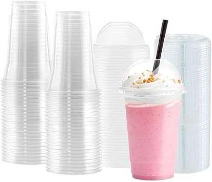 50x Clear Smoothie Cups with Dome Lids Plastic Cups for Smoothies, Milkshakes, Iced Coffee, Slusly and Bubble Tea,Juices & Cold Drinks   Ideal for Parties, Cafes & Events 12 Oz
