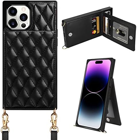Coolden for iPhone 14 Pro Max Case Wallet 6.7" Quilted Leather Women Luxury Phone Protective Cover Crossbody Strap Kickstand Slim Square Armor Card Holder Slots Cases for iPhone 14 Pro Max Black