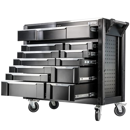 Chariot à outils Stix UltimatePro D12 – 12 tiroirs, plateau en acier inoxydable, armoire à outils avec serrure, roulettes et panneaux perforés pour atelier et industrie