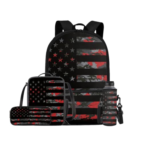 ELEDIZI American Flag Camo Backpack for Boys Kids Backpack with Lunch Box Water Bottle Carrier and Large Pencil Case 4PCS Set Bookbag with Front Pocket for School Teens 17 inch Lightweight School Bag