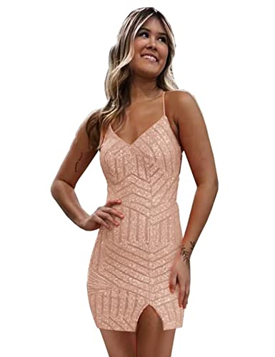 Clothfun Women's Short Sequin Homecoming Dresses for Teens Tight V-Neck Prom Dress 2025 Cocktail Party Gwons