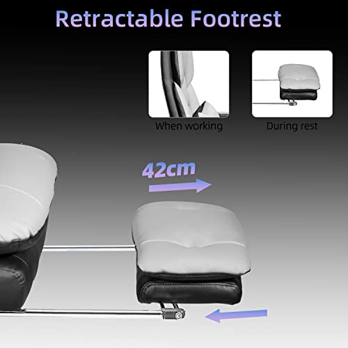 Seekfancy Reclining Office Chair With Footrest O203, Big And Tall Office Chair 500Lbs Wide Seat With 170° Backrest, High Back Large Executive Office Chair Lumbar Support, Grey Leather Managerial Chair #TOP7