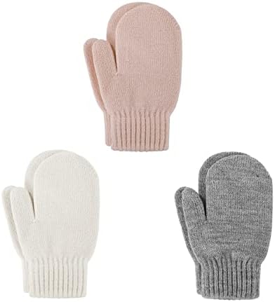 Durio Knit Toddler Mittens Thick Mittens for Toddler Boys and Girls Soft Warm Crochet Winter Baby Infant Mittens Gloves C Gray & White & Pink 1-3T