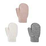 Durio Knit Toddler Mittens for Toddler Girls Soft Warm Crochet Winter Baby Infant Mittens Gloves Gray & White & Pink 1-3T