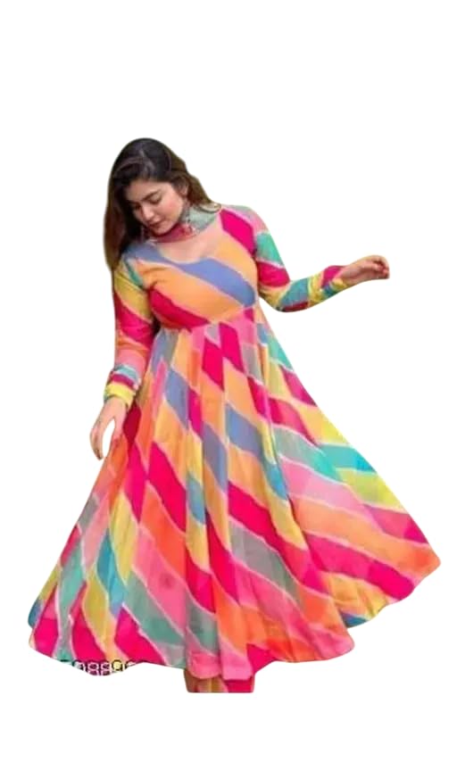 Rainbow Striped Anarkali Kurti, Long Flared Dress with Back Tie Detail, Multicolor Geometric Pattern-image-24