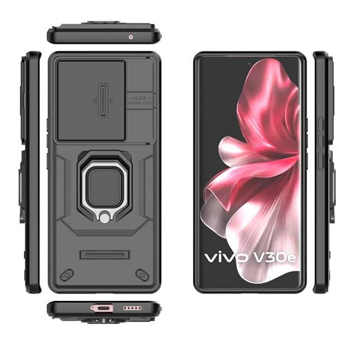 Image of TPU+PC Camshield Pro Case With Slide Camera Protection And Ring Stand Bumper Back Case Cover For Vivo V30E (Black)