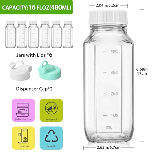 Image of CUCUMI 6 Pack 16 Oz Glass Milk Bottles with Lids, Glass Juice Bottles with Scale & Silicone Pour Spout, Reusable Juice Containers Square Drinking Jars for Milk, Coffee, Smoothies, Water