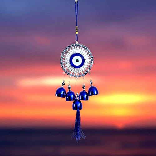 Image of Evil Eye Wind Chimes with 5 Bells for Home | Vastu Hanging for Positive Energy & Protection | Balcony, Living Room & Main Door Home Decor | Housewarming Gift