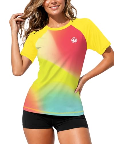 Image of AOBUTE Women Short Sleeve Rash Guard Gradient Sun Protection Swim Shirts