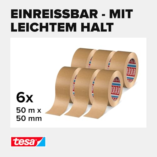 tesa tesapack 4713 Paketband im 6er Pack - Papier Klebeband zum Verschließen von Verpackungen, recyclingfreundlich und lösungsmittelfrei - braun - 6 Rollen je 50 m x 50 mm