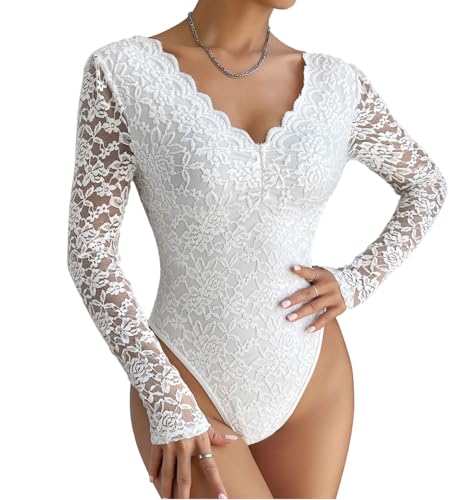 SHEKINI Damen Body Spitzen Bodysuit Durchsichtig Oberteil Langarm Spitzenbody Schmal