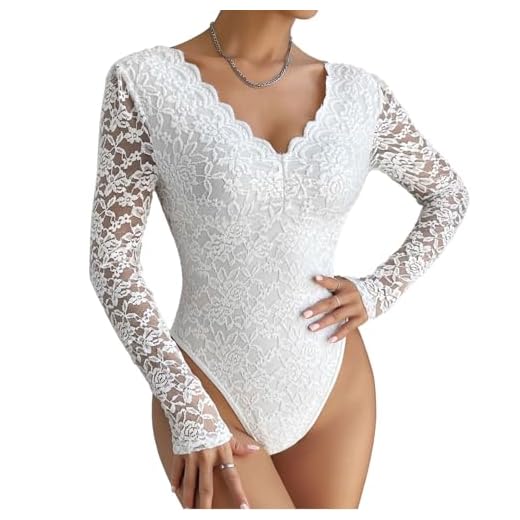 SHEKINI Damen Body Spitzen Bodysuit Durchsichtig Oberteil Langarm Spitzenbody Schmal T-Shirt Elegant Shapewear Bodys mit Bogenkante V-Ausschnitt